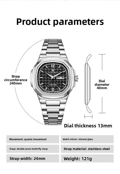 Men's Square Quartz Watch With Stainless Steel Strap And Tempered Glass Mirror Featuring Butterfly Double Snap Buckle