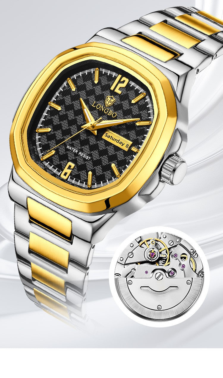 Men's Square Quartz Watch With Stainless Steel Strap And Tempered Glass Mirror Featuring Butterfly Double Snap Buckle