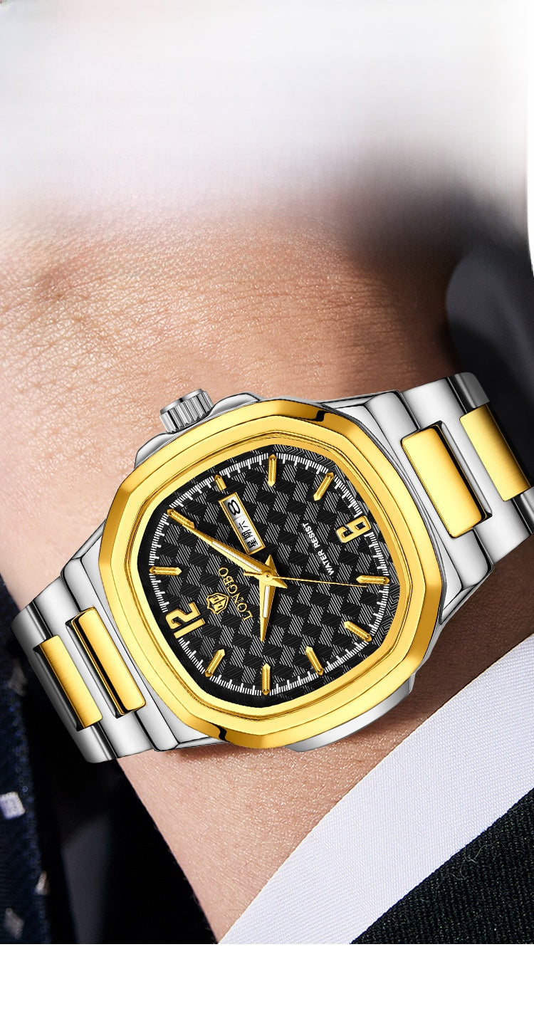Men's Square Quartz Watch With Stainless Steel Strap And Tempered Glass Mirror Featuring Butterfly Double Snap Buckle