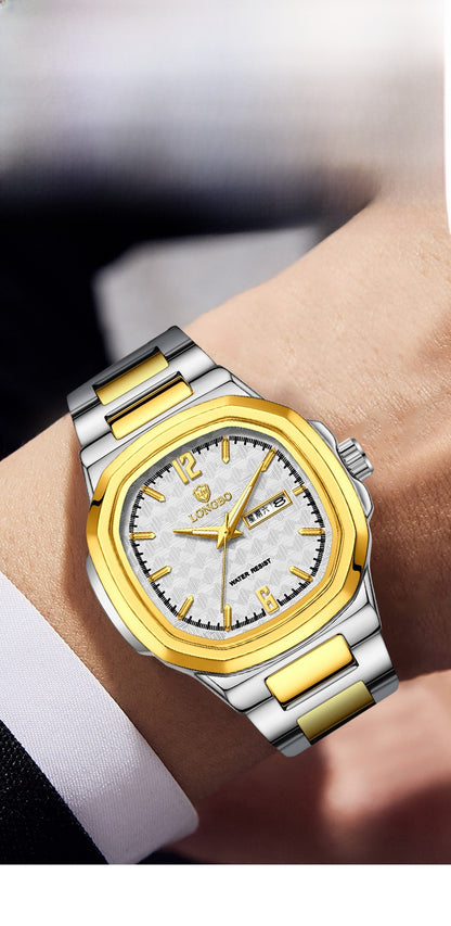 Men's Square Quartz Watch With Stainless Steel Strap And Tempered Glass Mirror Featuring Butterfly Double Snap Buckle