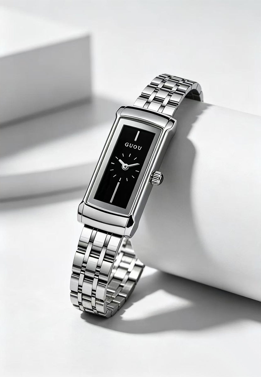 Women's Quartz Watch With Square Dial, Stainless Steel Strap, Tempered Glass Mirror, And Butterfly Double Snap Buckle