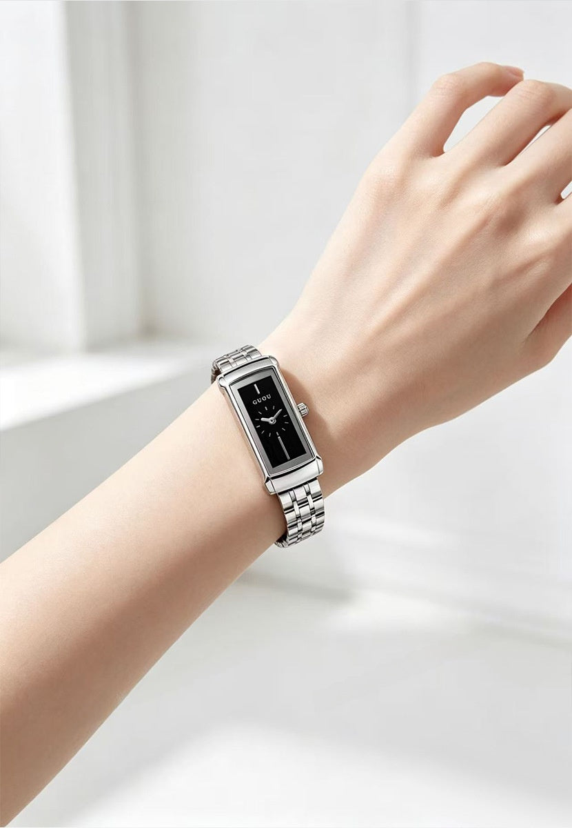 Women's Quartz Watch With Square Dial, Stainless Steel Strap, Tempered Glass Mirror, And Butterfly Double Snap Buckle