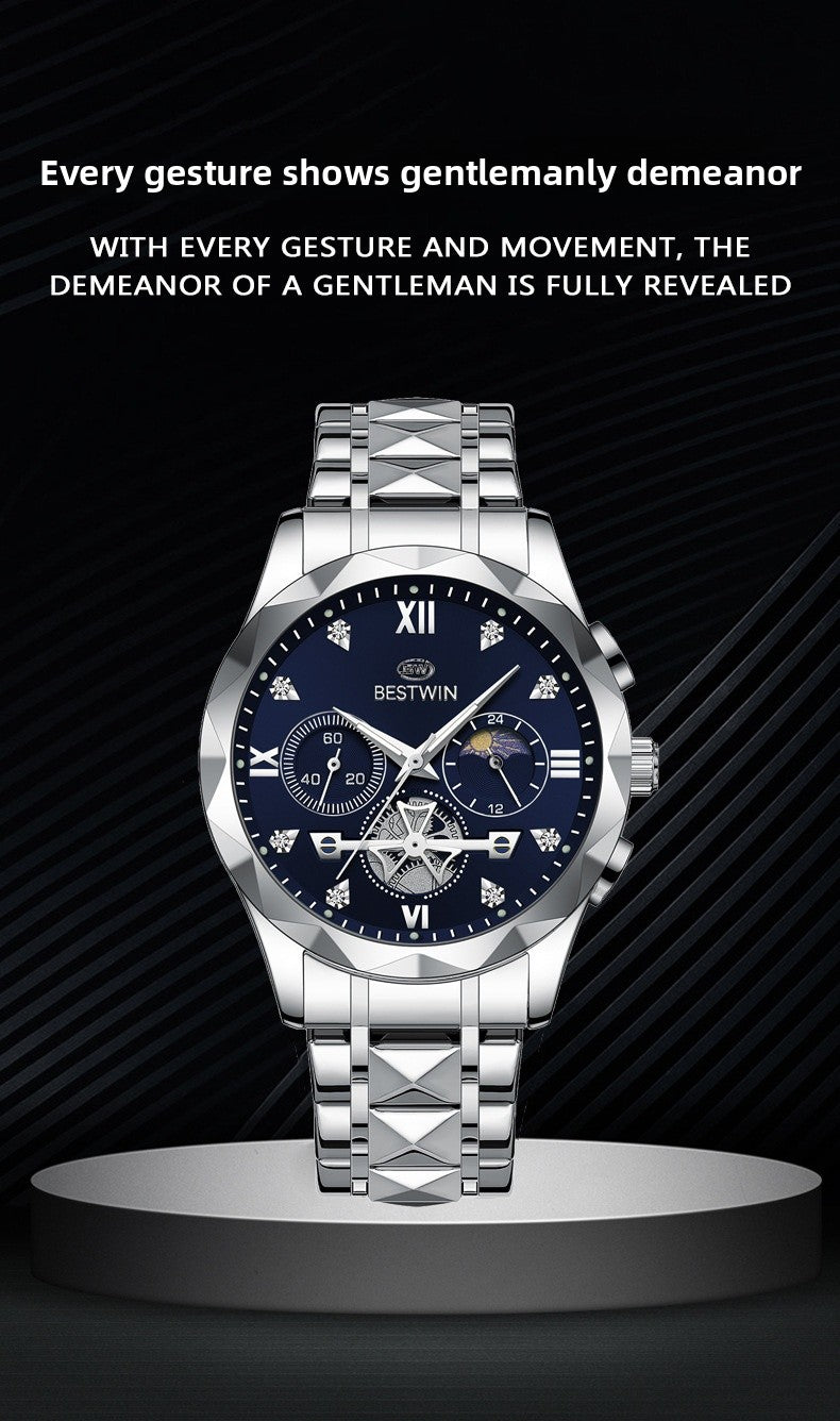 Men's Quartz Watch With Stainless Steel Strap And Butterfly Double Snap Buckle, Round Dial Featuring Tempered Glass And Pointer Display