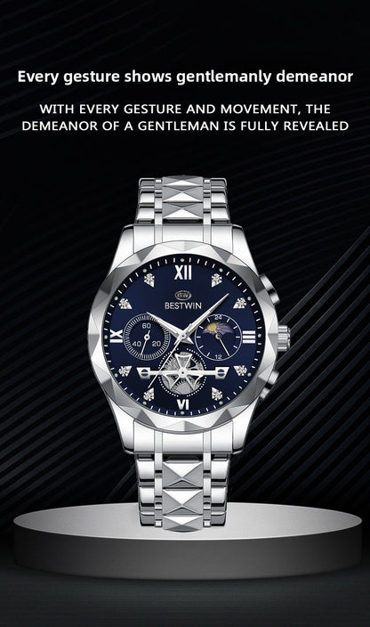 Men's Quartz Watch With Stainless Steel Strap And Butterfly Double Snap Buckle, Round Dial Featuring Tempered Glass And Pointer Display