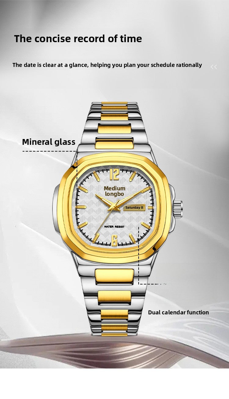 Men's Square Quartz Watch With Stainless Steel Strap And Tempered Glass Mirror Featuring Butterfly Double Snap Buckle