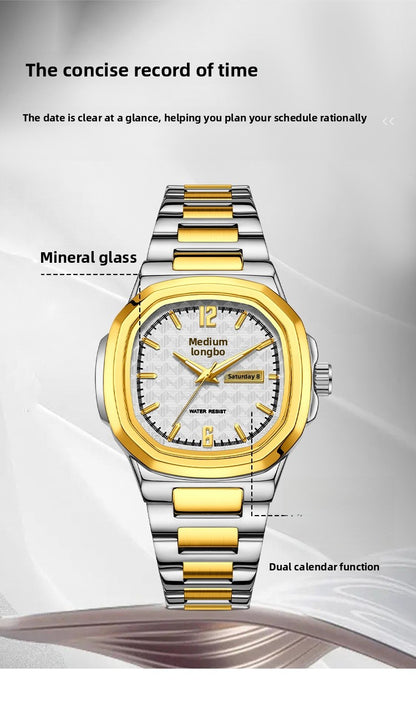 Men's Square Quartz Watch With Stainless Steel Strap And Tempered Glass Mirror Featuring Butterfly Double Snap Buckle