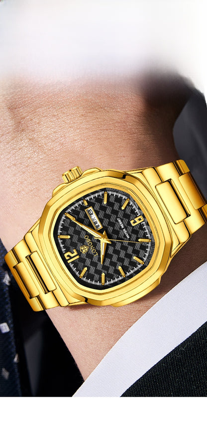 Men's Square Quartz Watch With Stainless Steel Strap And Tempered Glass Mirror Featuring Butterfly Double Snap Buckle