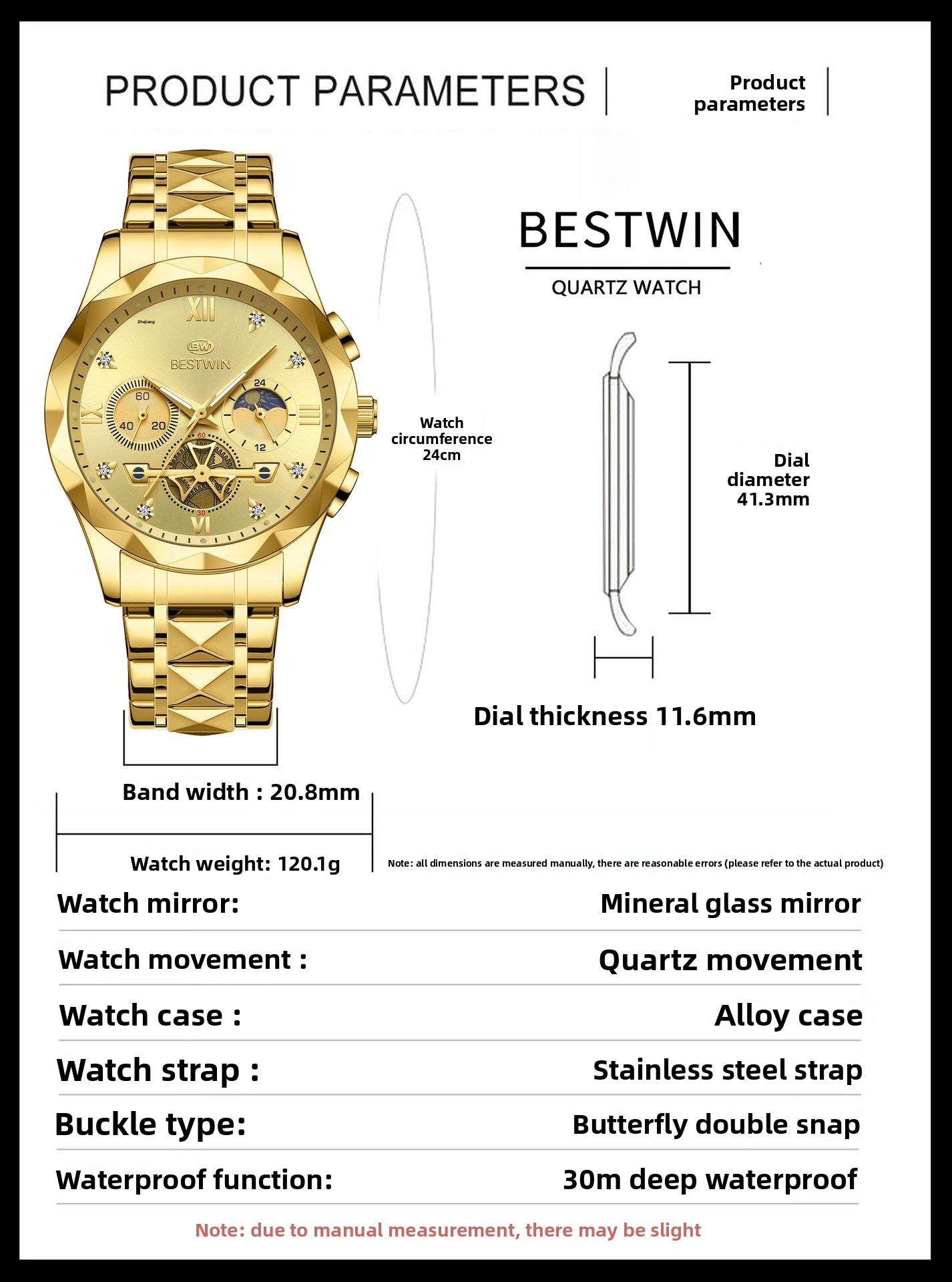 Men's Quartz Watch With Stainless Steel Strap And Butterfly Double Snap Buckle, Round Dial Featuring Tempered Glass And Pointer Display