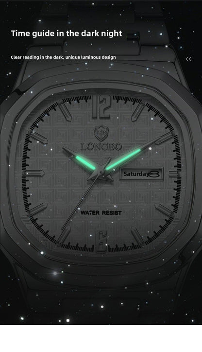 Men's Square Quartz Watch With Stainless Steel Strap And Tempered Glass Mirror Featuring Butterfly Double Snap Buckle