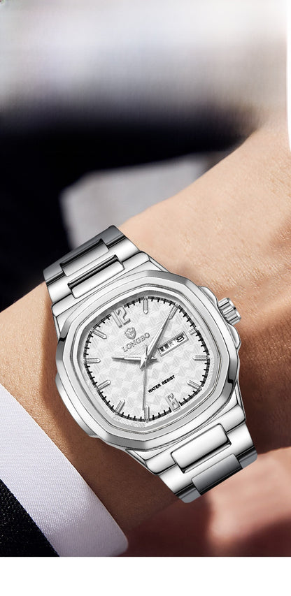 Men's Square Quartz Watch With Stainless Steel Strap And Tempered Glass Mirror Featuring Butterfly Double Snap Buckle