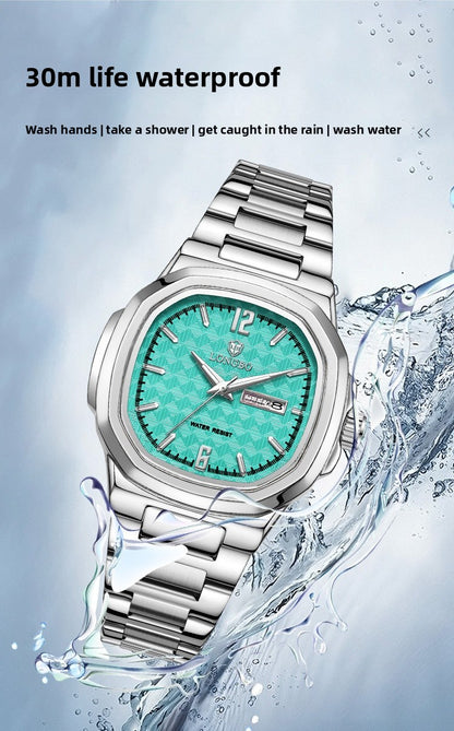 Men's Square Quartz Watch With Stainless Steel Strap And Tempered Glass Mirror Featuring Butterfly Double Snap Buckle