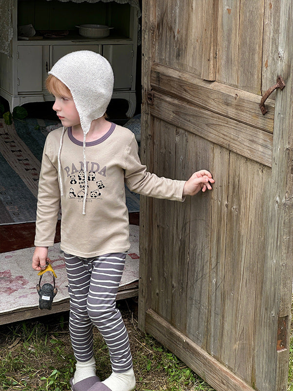 Stripe Pant Co-ord Set In Lycra For Autumn Featuring Round Neck And Long Sleeve, Children's Home Clothes