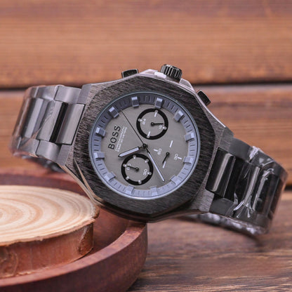 Men's Quartz Watch With Round Dial, Steel Belt Strap, Tempered Glass Mirror, And Single Folding Buckle
