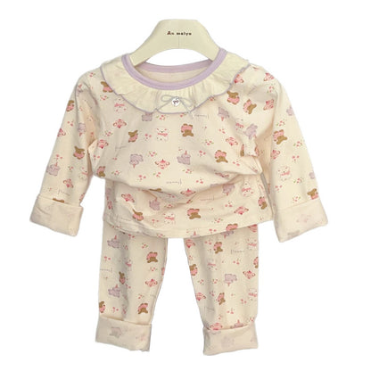 Stripe Pant Co-ord Set In Lycra For Autumn Featuring Round Neck And Long Sleeve, Children's Home Clothes