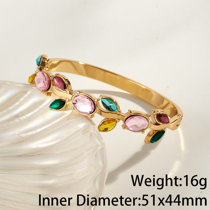 Women’s Electroplated Leaf Bangle In 304 Stainless Steel With 18K Real Gold PVD Coating And Rhinestone Inlay