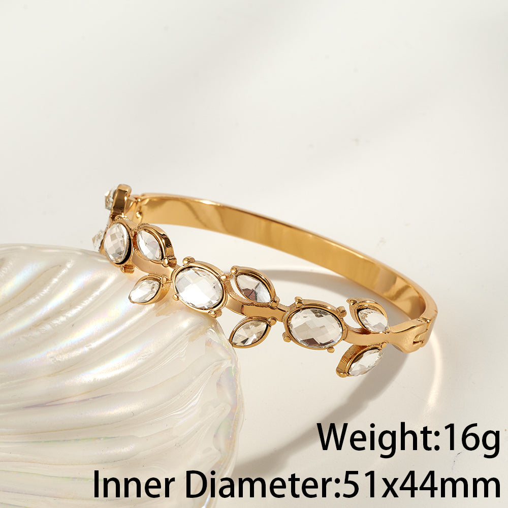 Women’s Electroplated Leaf Bangle In 304 Stainless Steel With 18K Real Gold PVD Coating And Rhinestone Inlay