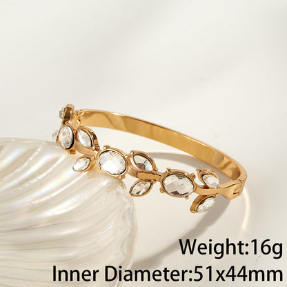 Women’s Electroplated Leaf Bangle In 304 Stainless Steel With 18K Real Gold PVD Coating And Rhinestone Inlay