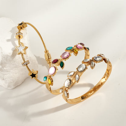 Women’s Electroplated Leaf Bangle In 304 Stainless Steel With 18K Real Gold PVD Coating And Rhinestone Inlay