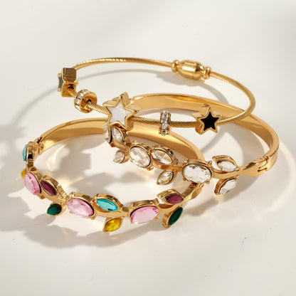 Women’s Electroplated Leaf Bangle In 304 Stainless Steel With 18K Real Gold PVD Coating And Rhinestone Inlay