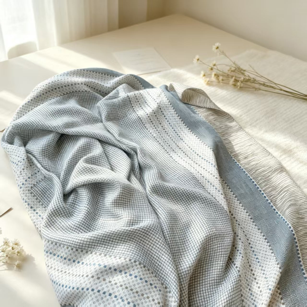 Women's Blue & Grey Lattice Polyester Shawl, Perfect For Spring Accessories