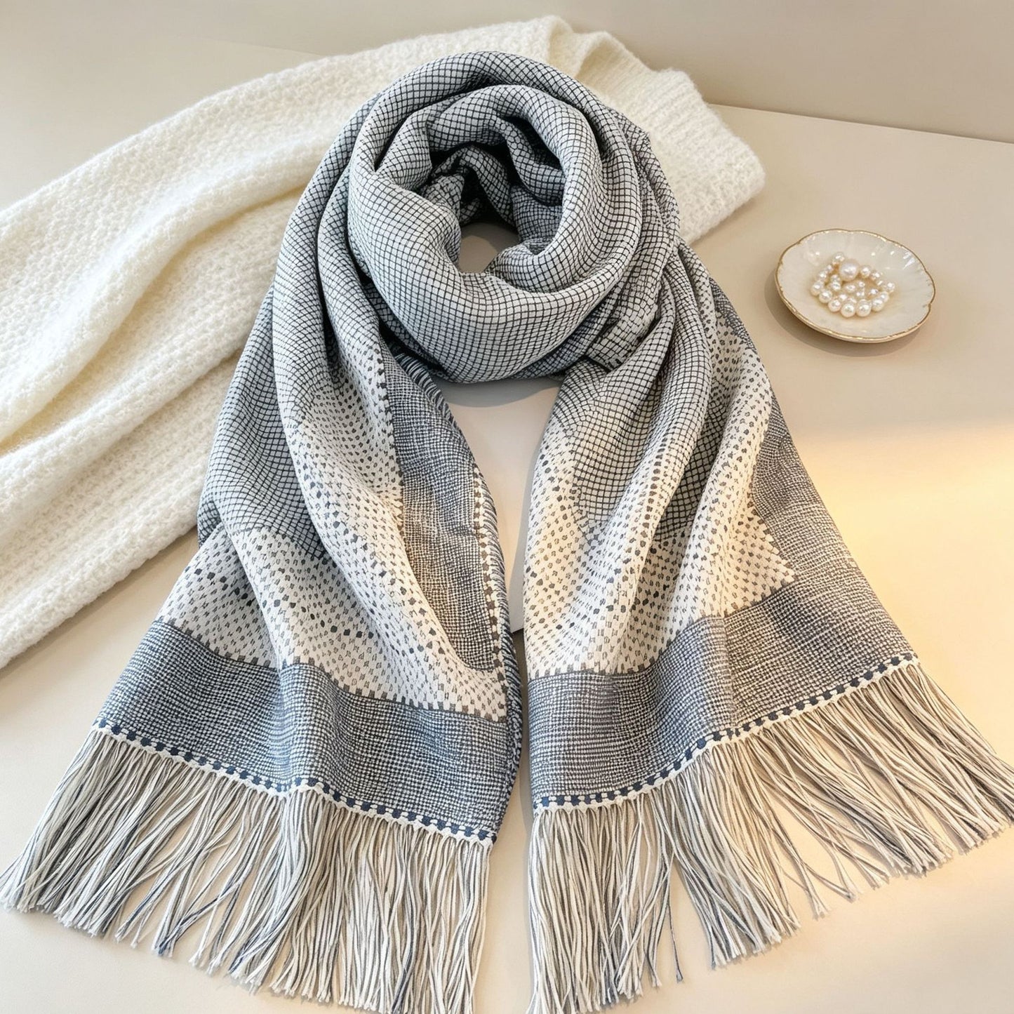 Women's Blue & Grey Lattice Polyester Shawl, Perfect For Spring Accessories