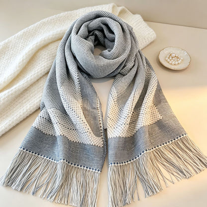 Women's Blue & Grey Lattice Polyester Shawl, Perfect For Spring Accessories