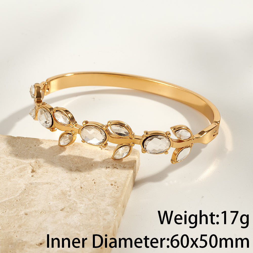 Women’s Electroplated Leaf Bangle In 304 Stainless Steel With 18K Real Gold PVD Coating And Rhinestone Inlay