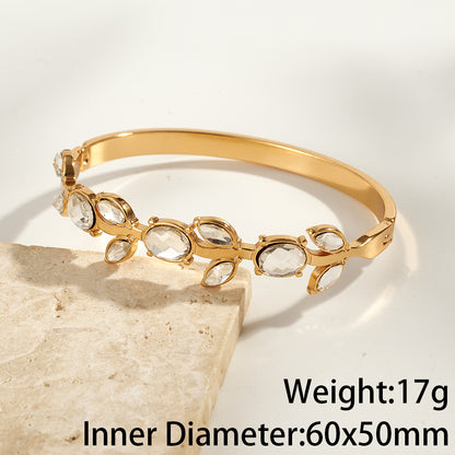 Women’s Electroplated Leaf Bangle In 304 Stainless Steel With 18K Real Gold PVD Coating And Rhinestone Inlay