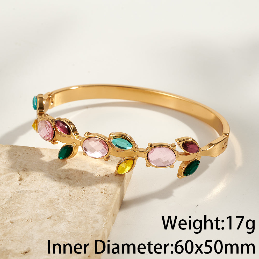 Women’s Electroplated Leaf Bangle In 304 Stainless Steel With 18K Real Gold PVD Coating And Rhinestone Inlay