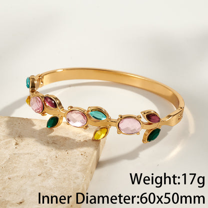 Women’s Electroplated Leaf Bangle In 304 Stainless Steel With 18K Real Gold PVD Coating And Rhinestone Inlay