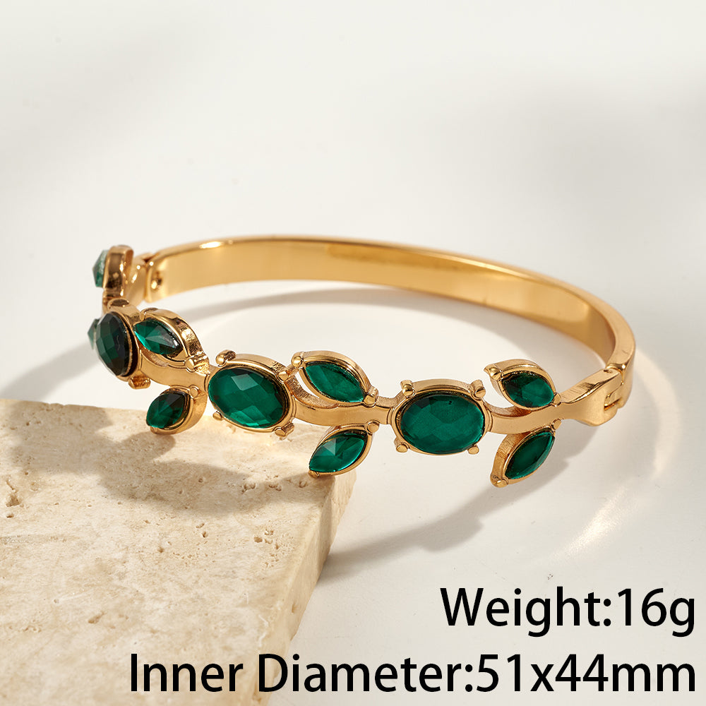 Women’s Electroplated Leaf Bangle In 304 Stainless Steel With 18K Real Gold PVD Coating And Rhinestone Inlay