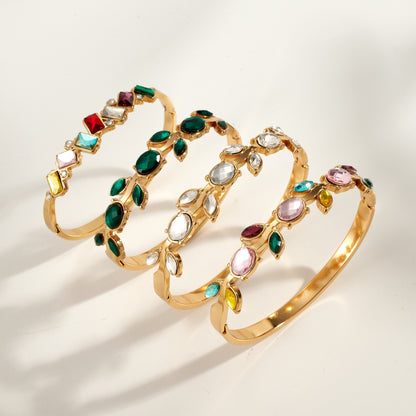Women’s Electroplated Leaf Bangle In 304 Stainless Steel With 18K Real Gold PVD Coating And Rhinestone Inlay