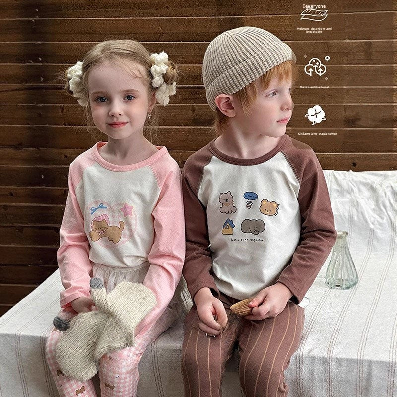 Stripe Pant Co-ord Set In Lycra For Autumn Featuring Round Neck And Long Sleeve, Children's Home Clothes