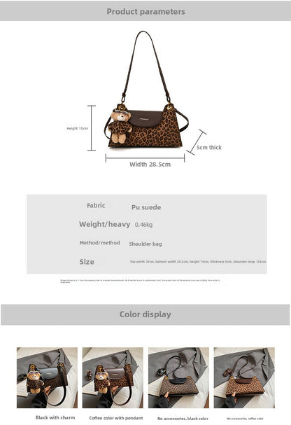 Leopard Print Square Underarm Bag For Women In Polyester With Single Shoulder Strap Ornament