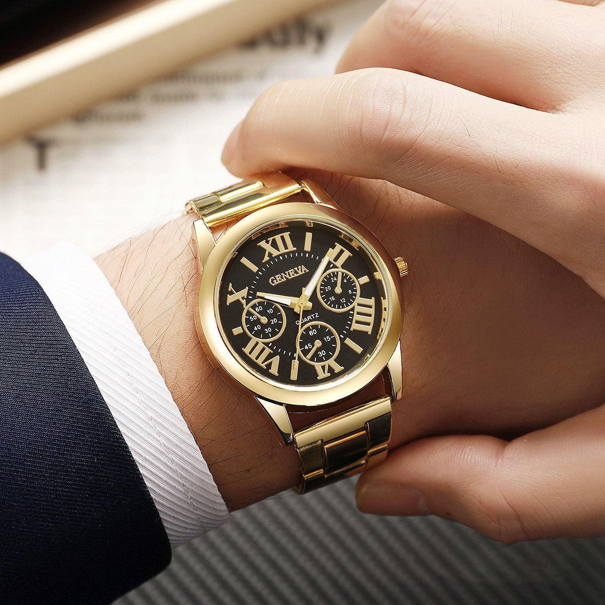 Men's Quartz Watch With Round Dial, Steel Belt Strap, Single Folding Buckle, And Ordinary Glass Mirror