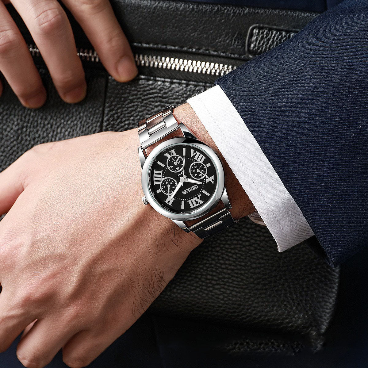 Men's Quartz Watch With Round Dial, Steel Belt Strap, Single Folding Buckle, And Ordinary Glass Mirror