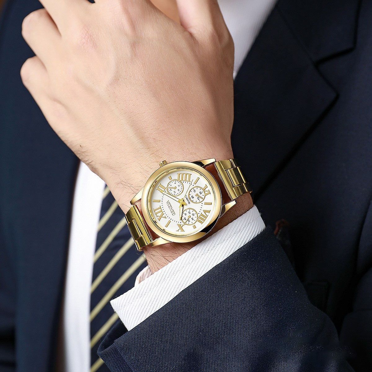 Men's Quartz Watch With Round Dial, Steel Belt Strap, Single Folding Buckle, And Ordinary Glass Mirror