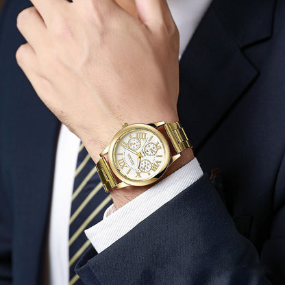 Men's Quartz Watch With Round Dial, Steel Belt Strap, Single Folding Buckle, And Ordinary Glass Mirror