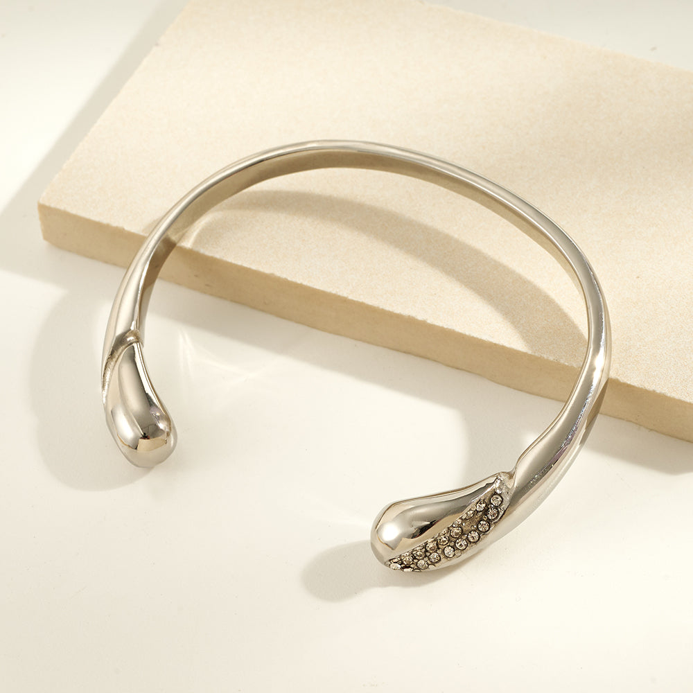 IG Style Geometric Bangle In 304 Stainless Steel With 18K Real Gold Plated PVD Coating And Rhinestone Inlay