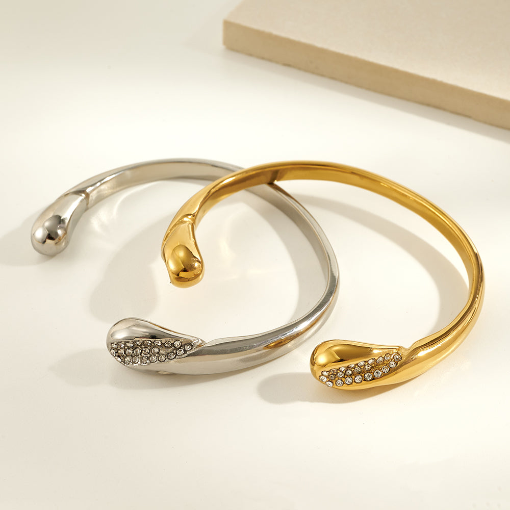 IG Style Geometric Bangle In 304 Stainless Steel With 18K Real Gold Plated PVD Coating And Rhinestone Inlay