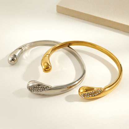 IG Style Geometric Bangle In 304 Stainless Steel With 18K Real Gold Plated PVD Coating And Rhinestone Inlay