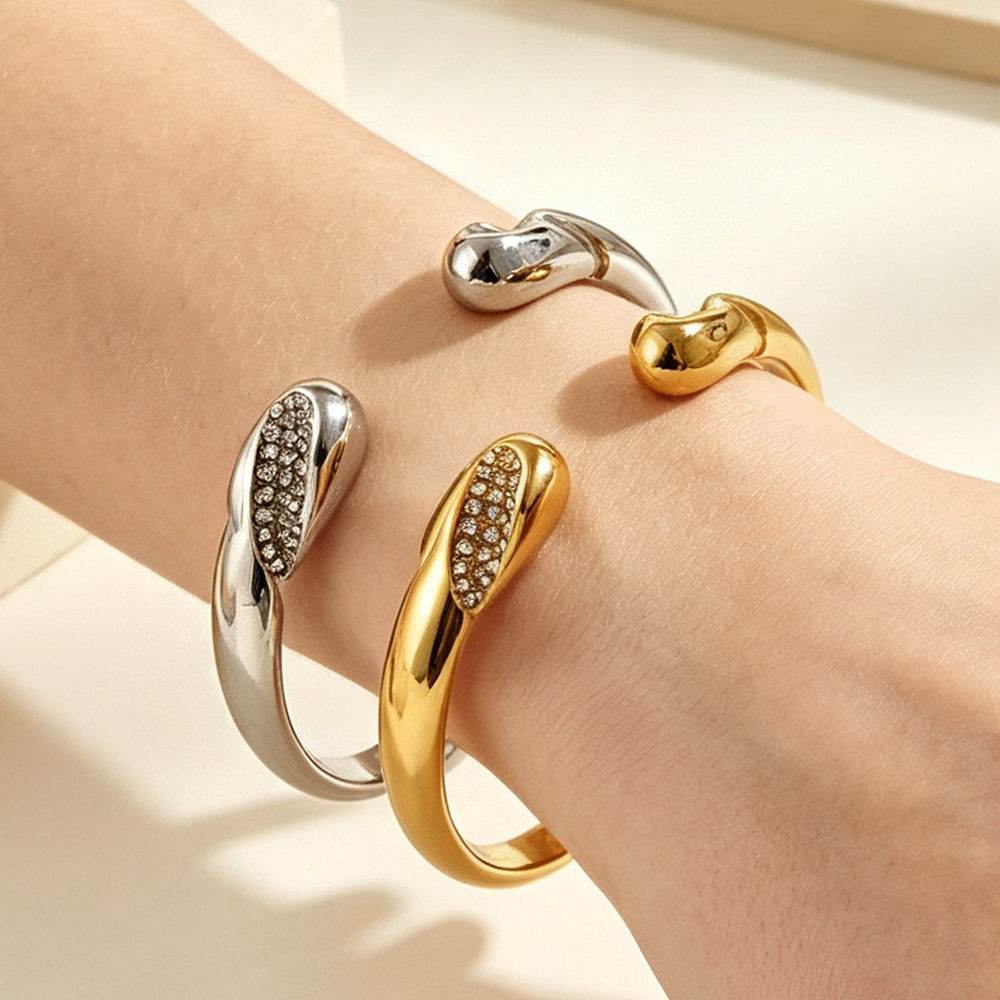 IG Style Geometric Bangle In 304 Stainless Steel With 18K Real Gold Plated PVD Coating And Rhinestone Inlay