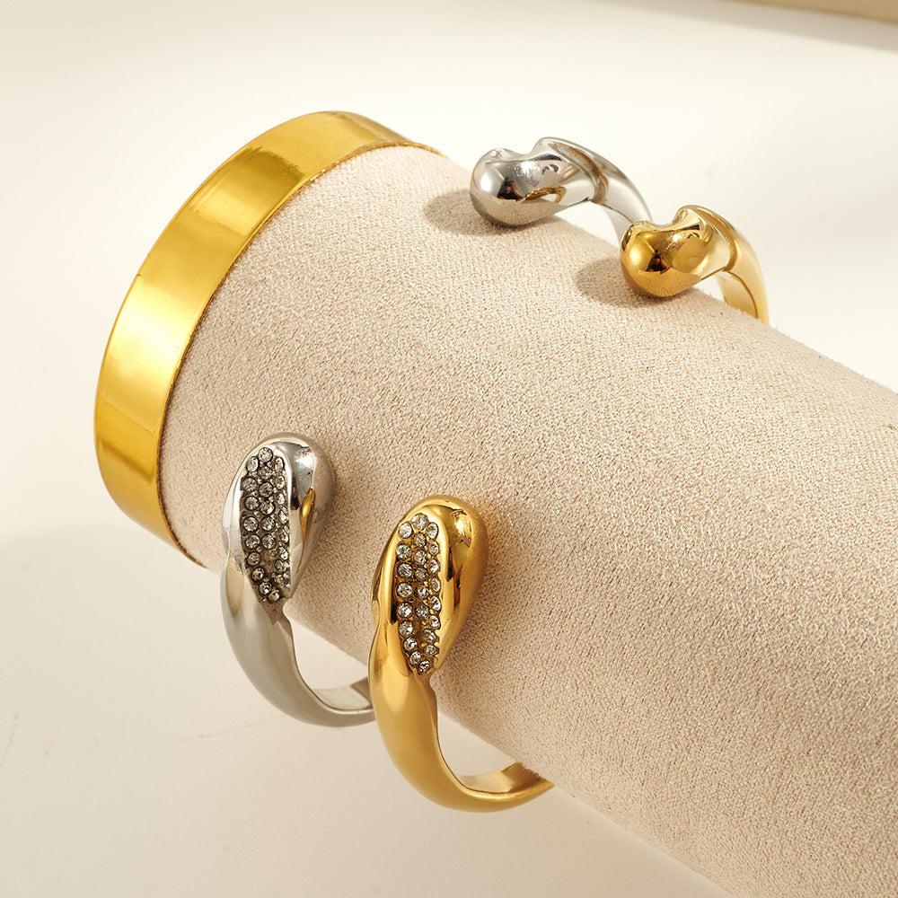 IG Style Geometric Bangle In 304 Stainless Steel With 18K Real Gold Plated PVD Coating And Rhinestone Inlay