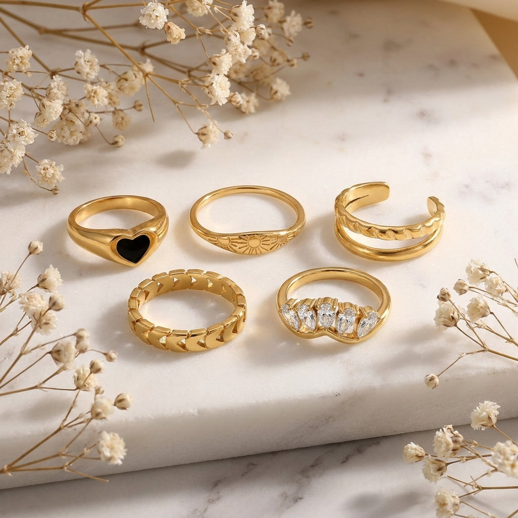Geometric Electroplated Rings For Women In 304 Stainless Steel With 18K Real Gold PVD Coated And Shell Inlay