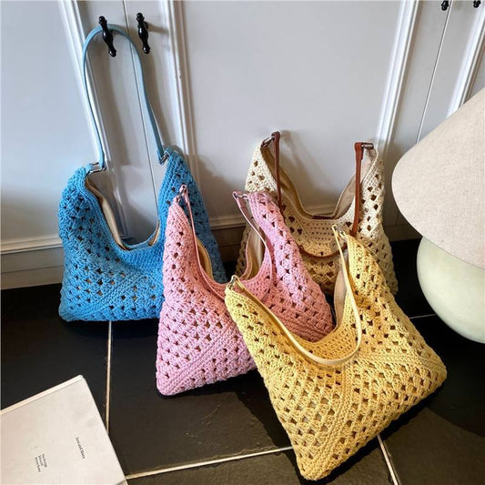 Square Hollow Out Knit Tote Bag For Women With Single Shoulder Strap, Perfect For Spring And Summer
