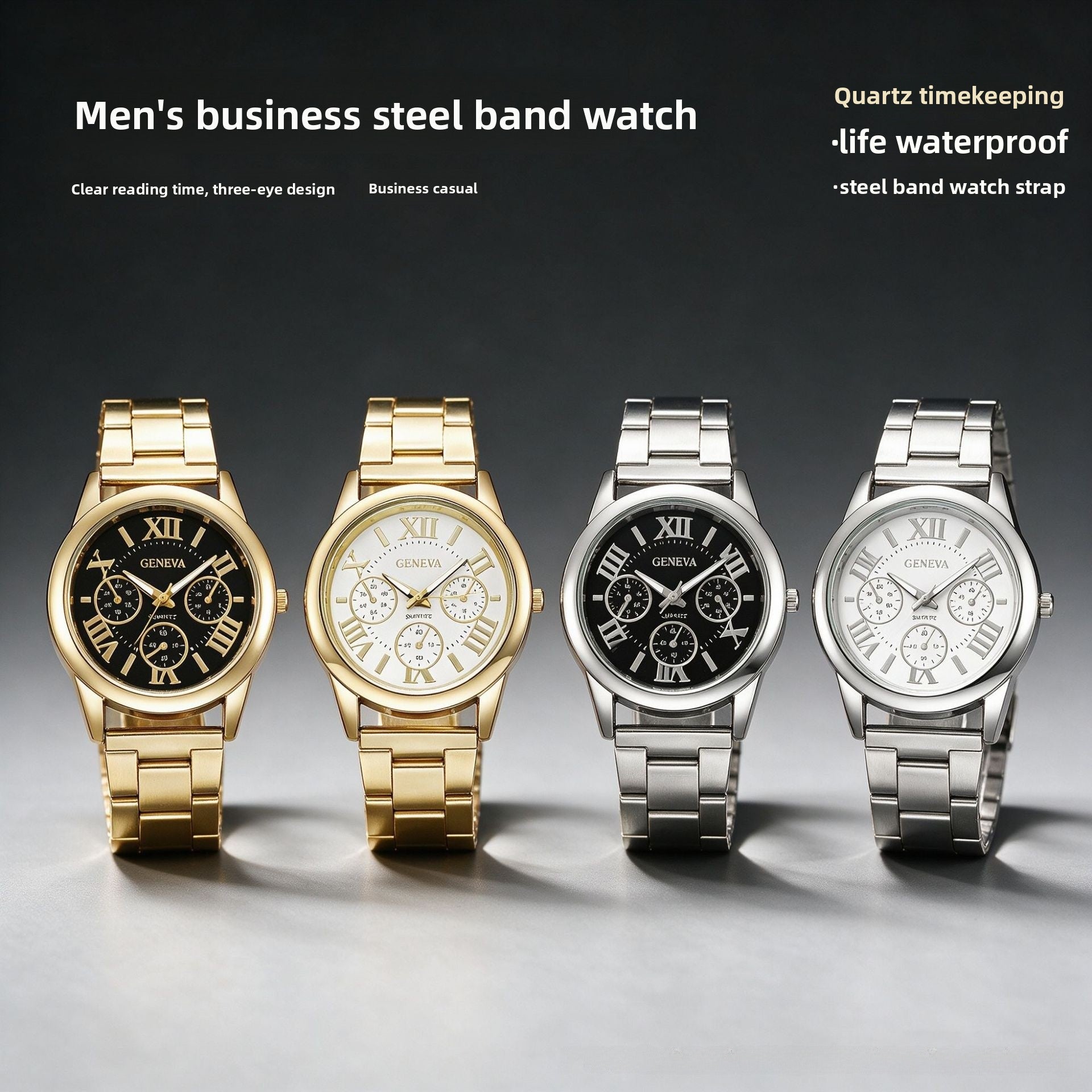 Men's Quartz Watch With Round Dial, Steel Belt Strap, Single Folding Buckle, And Ordinary Glass Mirror