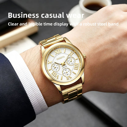 Men's Quartz Watch With Round Dial, Steel Belt Strap, Single Folding Buckle, And Ordinary Glass Mirror