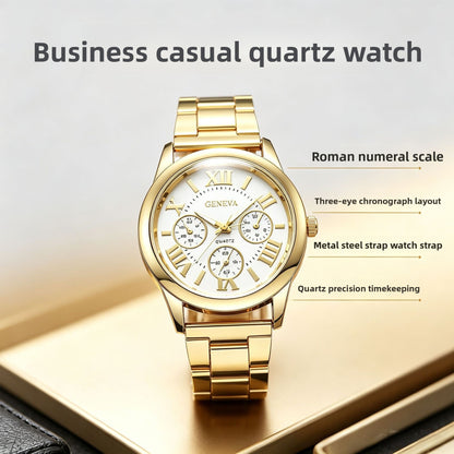 Men's Quartz Watch With Round Dial, Steel Belt Strap, Single Folding Buckle, And Ordinary Glass Mirror