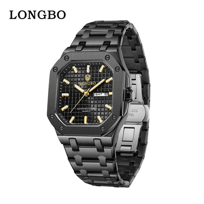 Men's Square Quartz Watch With Stainless Steel Strap, Tempered Glass Mirror, Pointer Display, And Butterfly Double Snap Buckle