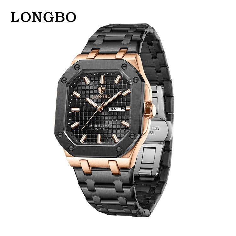 Men's Square Quartz Watch With Stainless Steel Strap, Tempered Glass Mirror, Pointer Display, And Butterfly Double Snap Buckle